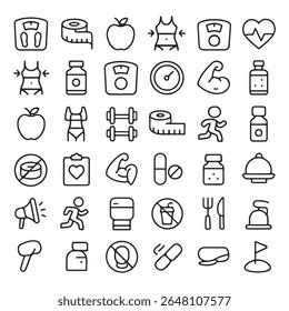 A collection of clean, modern icons representing health, fitness, and wellness activities and concepts.