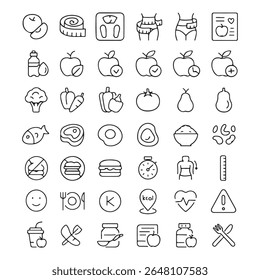 A collection of clean, modern icons representing healthy food, fitness activities, and overall well-being for a balanced lifestyle.