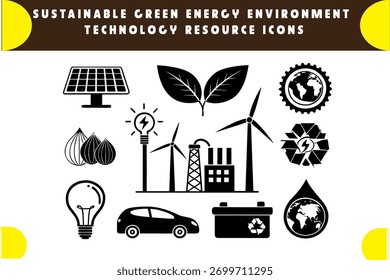 Uma coleção de ícones limpos e modernos que representam energia sustentável, conceitos ambientais e recursos tecnológicos, isolados em um fundo branco.