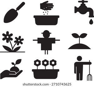 Una colección de iconos limpios y modernos que representan varios aspectos del cuidado del jardín, perfecto para Sitios web, App y materiales de impresión.