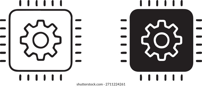 Uma coleção de ícones limpos e modernos que representam vários microchips e componentes eletrônicos, perfeitos para temas de tecnologia e inovação.