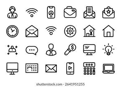 A collection of clean and modern line art icons representing various business and technology elements