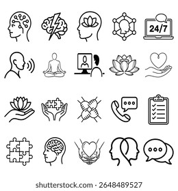 A collection of clean, modern line art icons representing mental health, therapy, support, and well-being. Features brains, heads, lotus flowers, helping hands, and communication symbols.