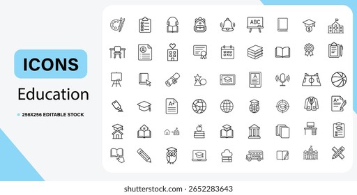 A collection of clean, modern line art icons representing various aspects of education, including books, graduation caps, schools, and learning tools, suitable for websites and presentations.