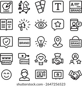 A collection of clean, modern line icons representing branding, marketing, and business concepts. Icons include logos, chess pieces, color palettes, typography, and customer engagement elements.