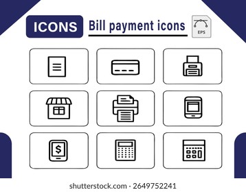 Uma coleção de ícones de linha modernos e limpos que representam vários aspectos do pagamento de contas, transações financeiras e gerenciamento monetário. Perfeito para interfaces digitais e serviços financeiros.