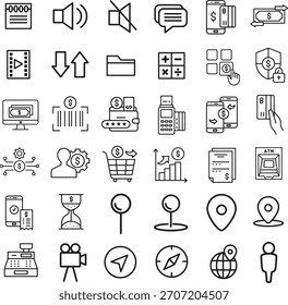 Una colección de iconos lineales limpios y modernos que representan varios aspectos del dinero, las finanzas y los conceptos comerciales, ideal para aplicaciones digitales e impresas.