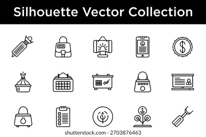 Eine Sammlung von sauberen, modernen Silhouetten-Vektorsymbolen, die verschiedene Elemente aus den Bereichen Business, Technologie und Lifestyle darstellen.