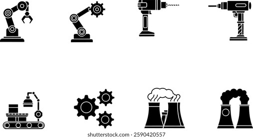 A collection of clean outline icons showcasing automated industry, heavy machinery, and tools used in modern manufacturing and robotics.

