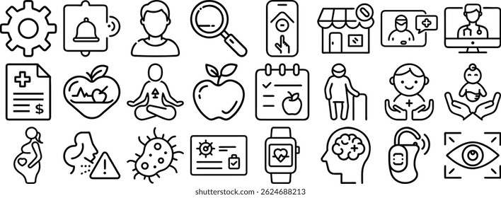 Eine Kollektion von Illustrationen mit Symbolen für saubere Umrisse, die Themen aus Gesundheit, Wellness und Medizin mit modernen Designelementen darstellen.