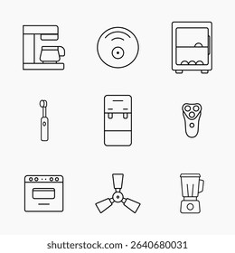 Collection of clean outline style icon showing various home and personal electrical appliances on a plain background, vector illustration