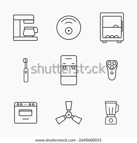 Collection of clean outline style icon showing various home and personal electrical appliances on a plain background, vector illustration