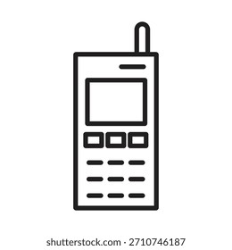 Eine Kollektion von klaren, umrissenen Vektorsymbolen mit klassischen Retro-Mobiltelefonen und Walkie-Talkies mit Antennen. Perfekt für Vintage Tech, Nostalgie, UI UX Design und Kommunikationsthemen.