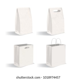 Collection of clean packages isolated on white background. Set of blank paper bags with and without handles. Bundle of mock-ups. Vector illustration for advertising, corporate identity demonstration.