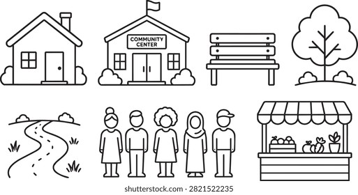 A collection of clean, simple line art icons representing a neighborhood, including a community center, house, park, path, marketplace stall, and a diverse group of people.