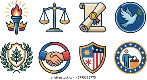 A collection of clean vector icons representing democratic values, justice, and civic participation. This set is perfect for election materials, legal presentations, and educational graphics.
