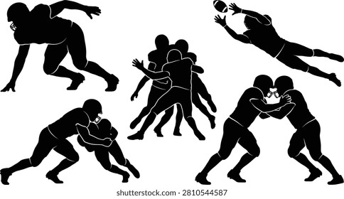 A collection of clean vector style silhouette illustrations showcasing American football players in various action poses like diving to catch, scrimmaging, and tackling. This versatile sports graphic set is perfect for team branding, sporting goods advertisements, tournament promotions, and championship flyers.