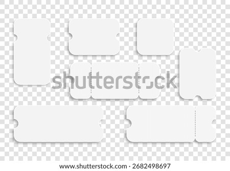 Collection of clean white vector ticket with perforated edges and cutout corners on a transparent background