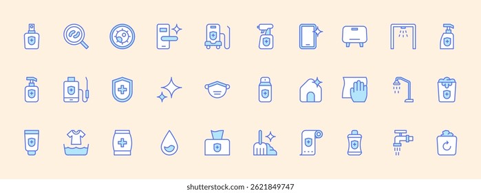 Collection of Cleaning and Disinfect Icons Representing Various Household Supplies and Tools for Maintaining Hygiene and Safety