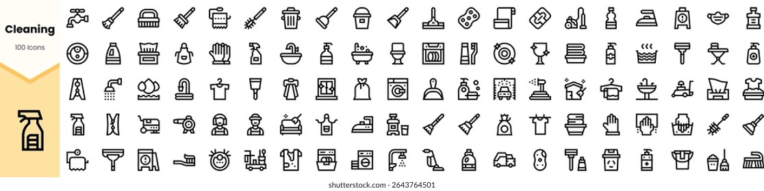 A collection of cleaning icons featuring various tools and products for household and professional cleaning tasks. Clean and minimalistic design, perfect for use in illustrative materials.