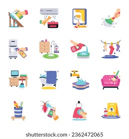 Collection of Cleaning and Laundry Flat Icons 

