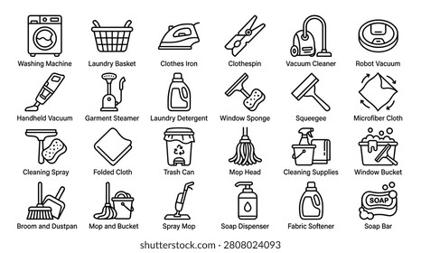 Collection of cleaning and laundry icons. Includes washing machine, iron, vacuum, broom, mop, bucket, detergent, clothes pegs, and cleaning supplies. Simple, modern vector graphics for home and domestic use.