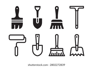 Collection of cleaning and painting tools. Includes brushes, broom, roller, and scraper for house upkeep and decoration.
