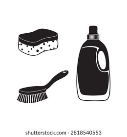 Collection of cleaning product icons. Includes a sponge with dots, a cleaning brush, and a large bottle of liquid detergent. For home cleaning, hygiene, and maintenance. Isolated on white.