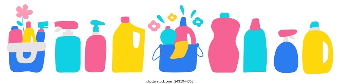 Collection of cleaning products, bottles, sprays. Miscellaneous cleaning items. Homework concept. Flat design. Hand drawn vector illustrations on white background.