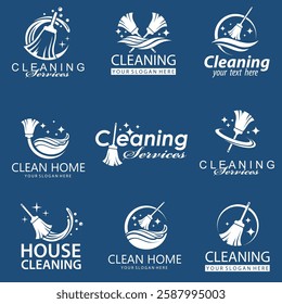 collection of cleaning service design with broom isolated on blue background