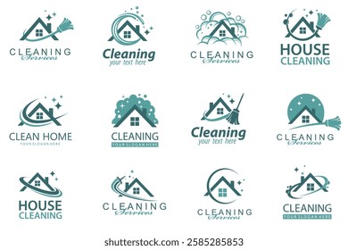 collection of cleaning service design with house isolated on white background