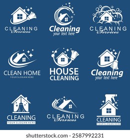 collection of cleaning service design with house and broom isolated on blue background