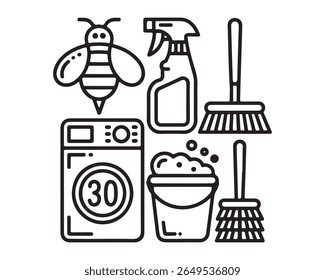 A collection of cleaning supplies and a bee icon, presented as a simple line art illustration. Includes a washing machine, spray bottle, bucket with suds, brooms, and a bee, 