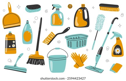 A collection of cleaning supplies, including spray bottles, brushes, gloves, sponges, and buckets. Modern flat design in yellow, blue, and black colors on a white background.