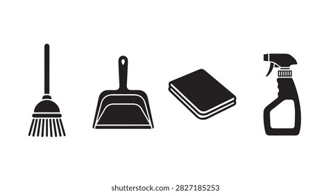 Collection of cleaning tools featuring a broom, dustpan, cloth, and spray bottle for household or commercial cleaning tasks.
