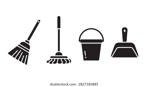 A collection of cleaning tools featuring a broom, mop, bucket, and dustpan, ideal for household, office, or commercial cleaning tasks.