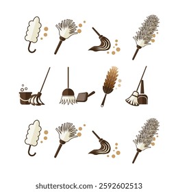 Collection of Cleaning Tools Icons Depicting Various Household Cleaning Supplies	