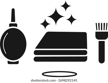 A collection of cleaning tools including an air blower, a stack of microfiber cloths, and a detailing brush, symbolizing meticulous care for electronics and delicate surfaces.