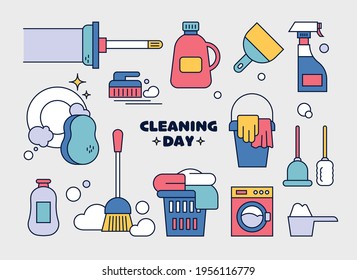 Collection of cleaning tools. outline simple vector illustration.