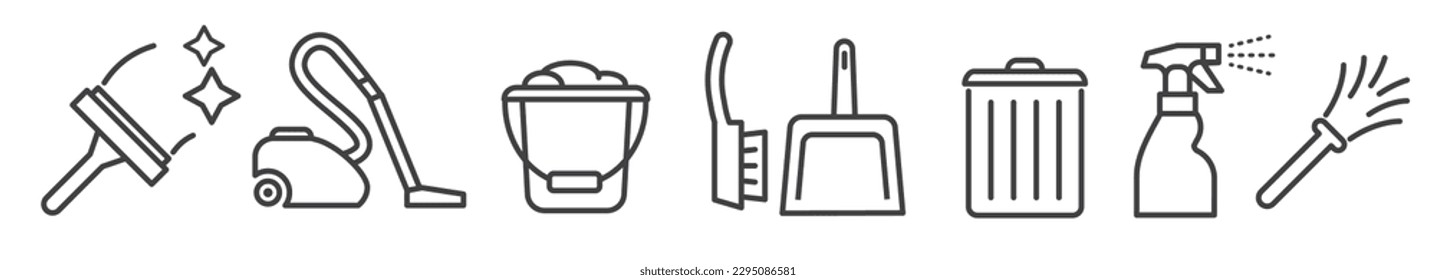 Collection of cleaning utensils - vector editable thin line icons on white background