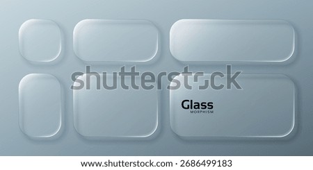 Collection of clear glass morphism vector elements in various shapes for modern ui design and futuristic transparent interface background on a light gray surface.