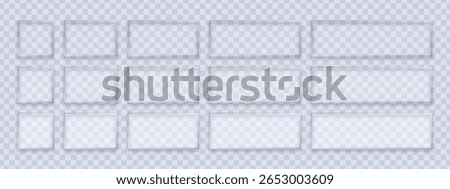 Collection of clear liquid glass rectangle frames with shadow effect. Transparent geometric shapes set for product presentation or display.