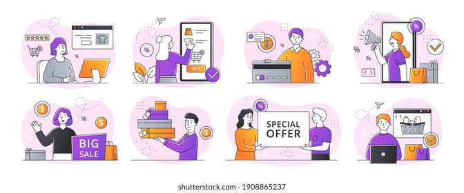 Collection of clearance, discount and special offer concepts. Set of minimal style outline vector illustrations isolated on white background