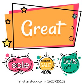 Collection of clearance and selling, coupons and propositions. Super sale and great discounts for shoppers. Promotional banners with 40 percent off price lowering of cost, vector in flat style