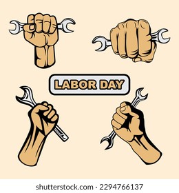 Collection of clenched fists holding wrenches greeting labor day
