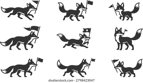 Collection of clever foxes carrying flags in various poses for achievement and goal-oriented design inspiration