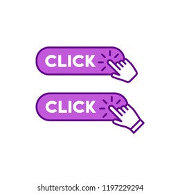 Collection of click here buttons with hand clicking icon, isolated vector set
