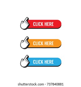 Collection of click here buttons in red, yellow and blue colors with hand cursor icon in 3d.