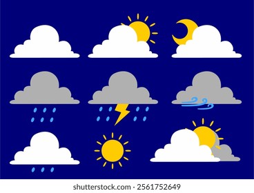 Collection of climate change cartoon cloud icons in flat design on blue color background. vector image