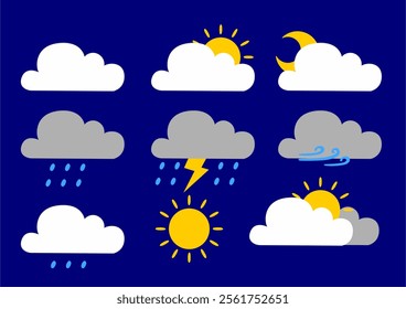 Collection of climate change cartoon cloud icons in flat design on blue color background. vector image